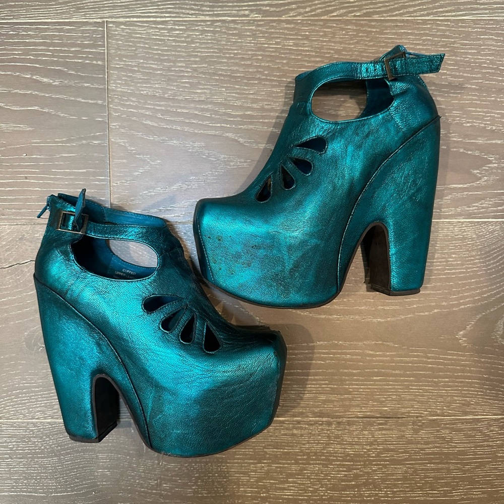 JEFFREY CAMPBELL Metallic Teal Platform Ankle Boots